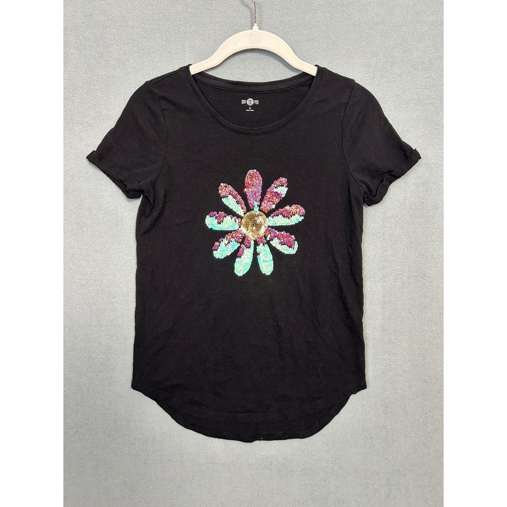 SO Perfectly Soft Girls Black Sequin Daisy Graphic Tee Shirt Size 14